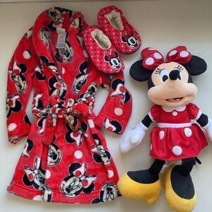 Disney Minnie Mouse fleece robe slippers plush toy toddler girl 2T-3T red